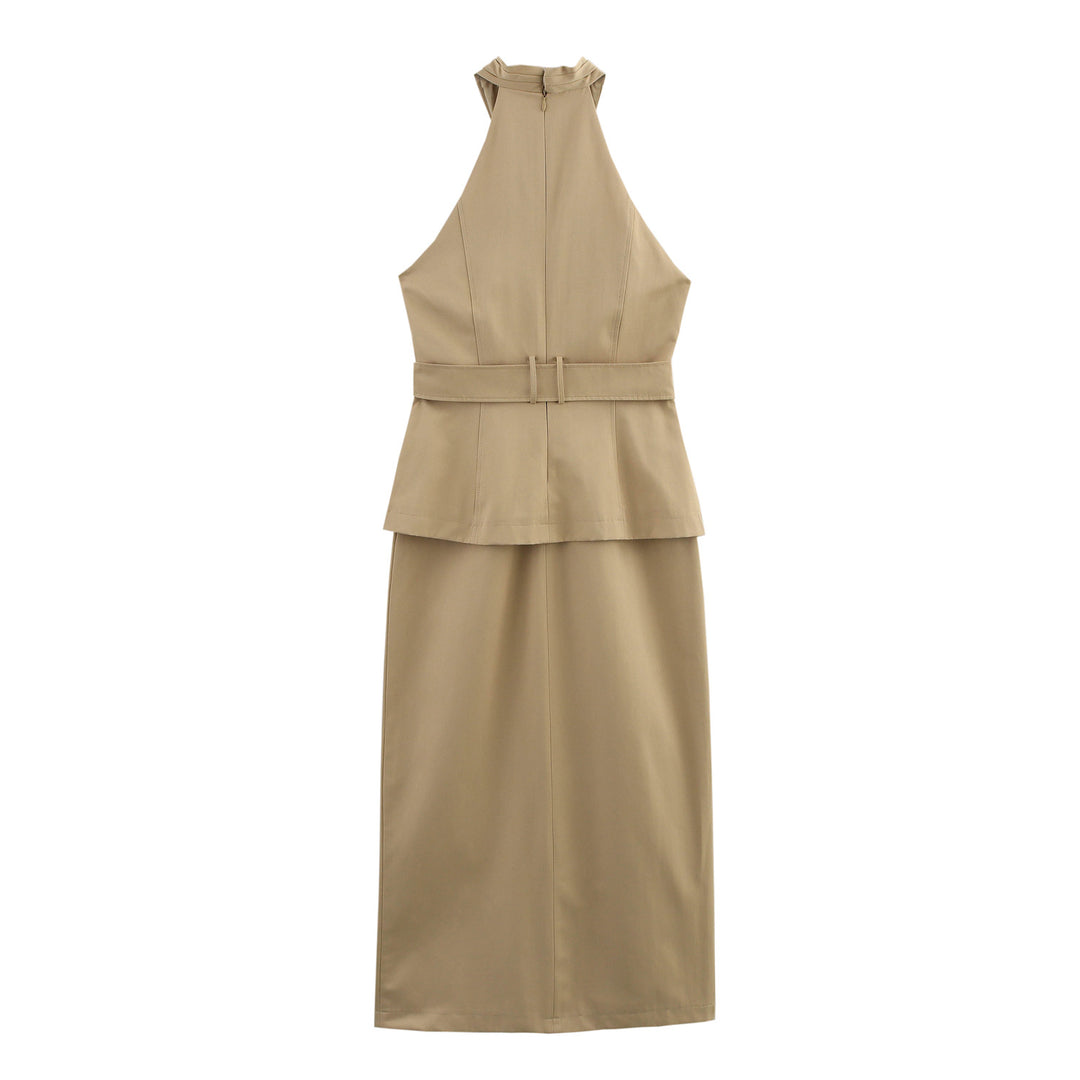 Dame Halterneck Utility Midi Kjole med Bælte Talje Stilla