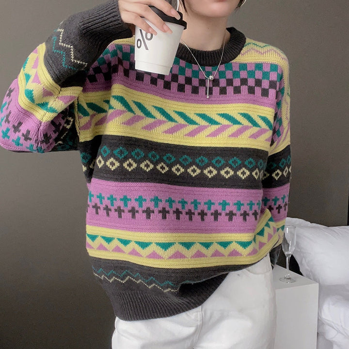 Kvindernes chunky strik sweater med geometrisk mønster og løs pasform Stilla