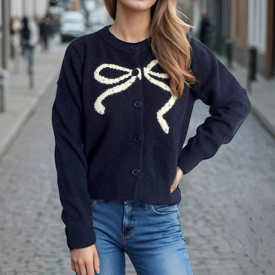 Kvinders hyggelige cardigan med sløjfemotiv Stilla