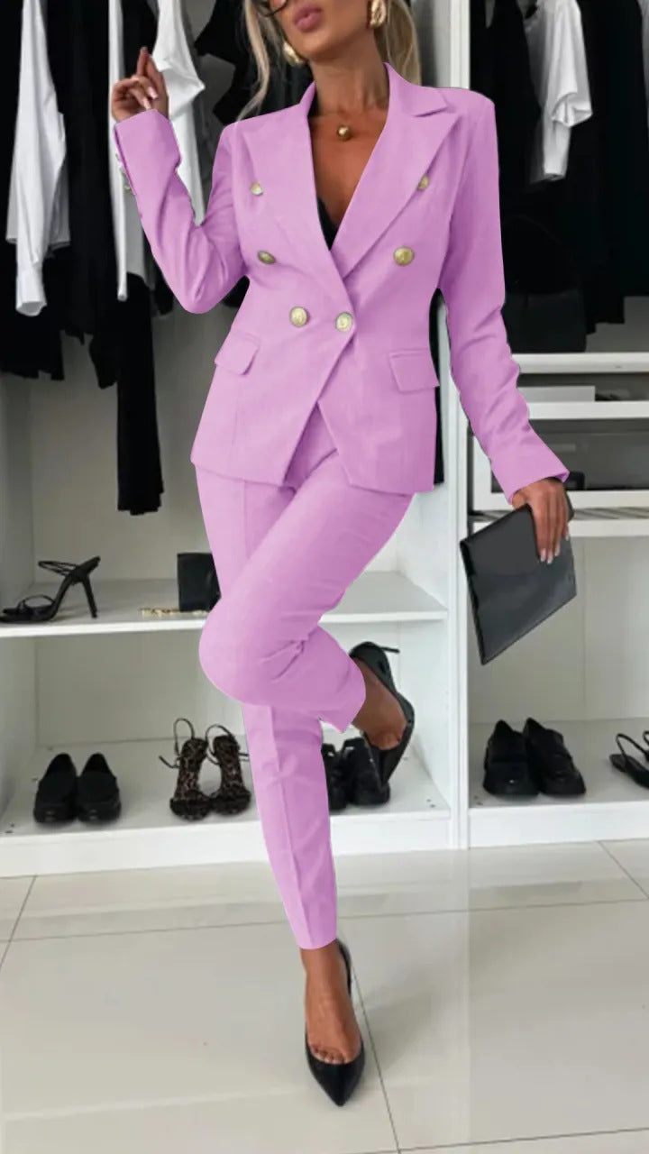 Damer Elegant Blazer- og Bukse-sæt med dobbelte knaplukninger og figursyet snit Stilla