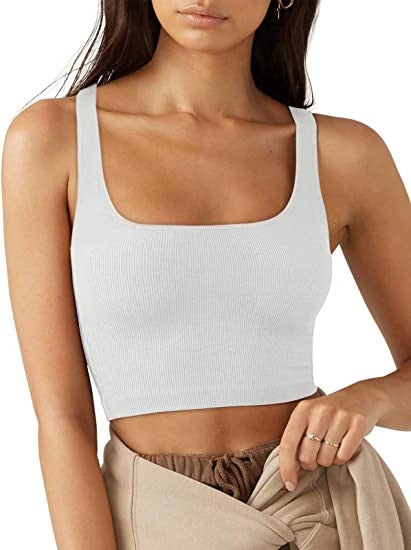 Dame cropped top med brede stropper og fint ribmønster Skovae