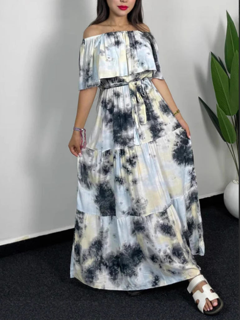 Dame maxikjole i afslappet boho-stil med off-shoulder-udskæring og bindebælte Stilla