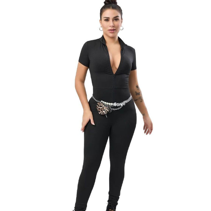 Dame jumpsuit med kort ærme og dyb udskæring Stilla