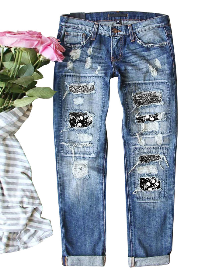 Dame Ripped Skinny Jeans med kreative applikationer og destruction-effekter Stilla