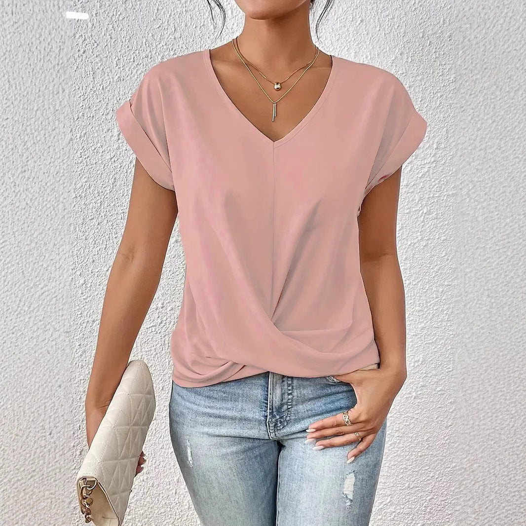 Damer elegant V-udskæring bluse med afslappet drapering Skovae