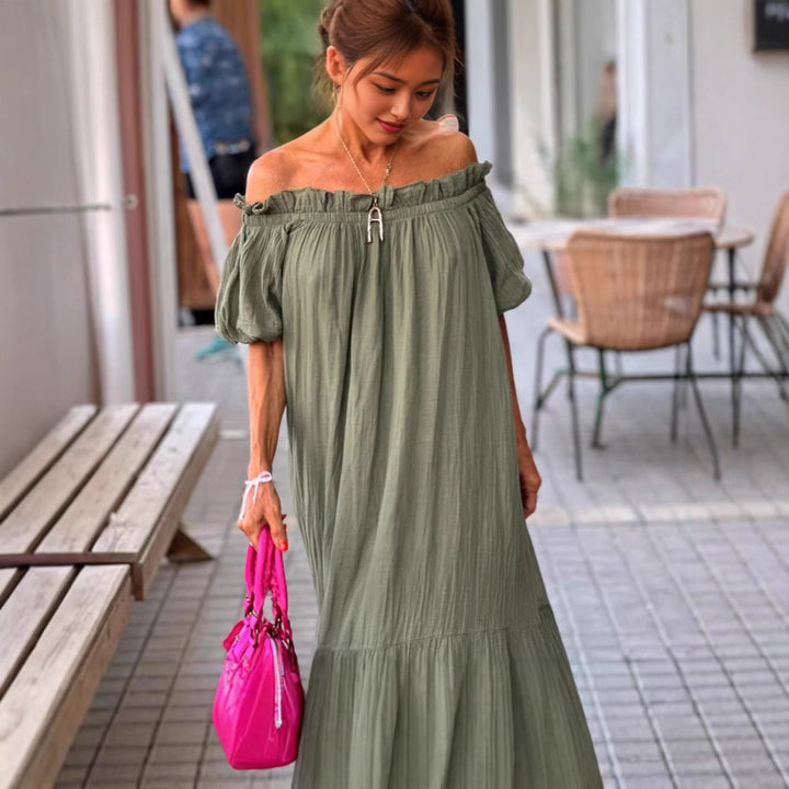 Dame Off-Shoulder Maxikjole med voluminøse pufærmer og flæser Stilla