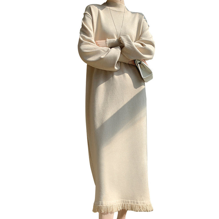 Femme Elegant Strik Maxi Kjole med Frynse Kant Stilla