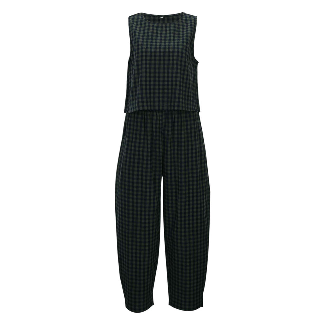 Dame komfortabel jumpsuit med ternet mønster og bredt skårne ben Stilla