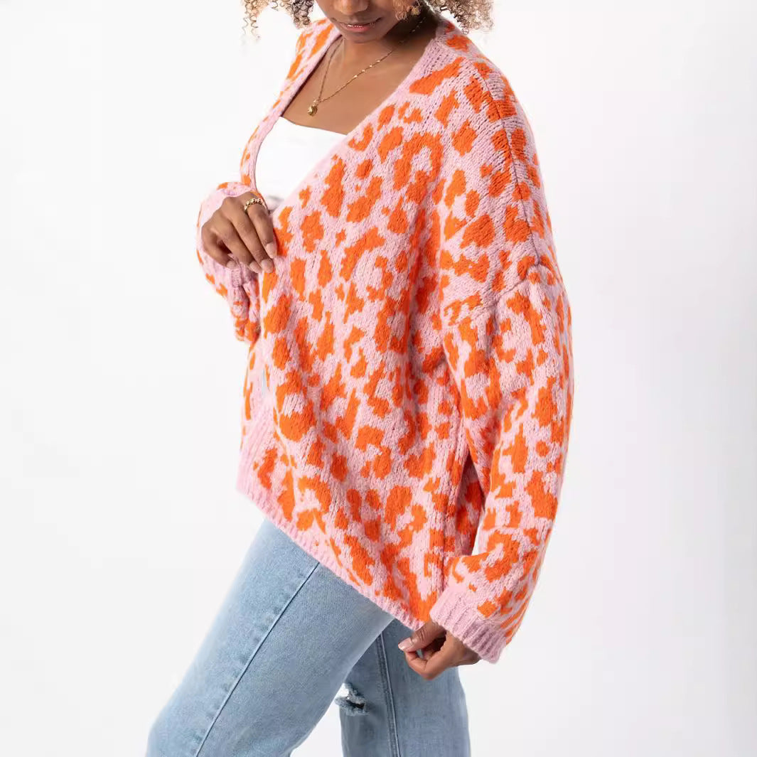 Kvinder Oversized Cardigan med Trendy Leopardprint og Voluminøse Ærmer Stilla
