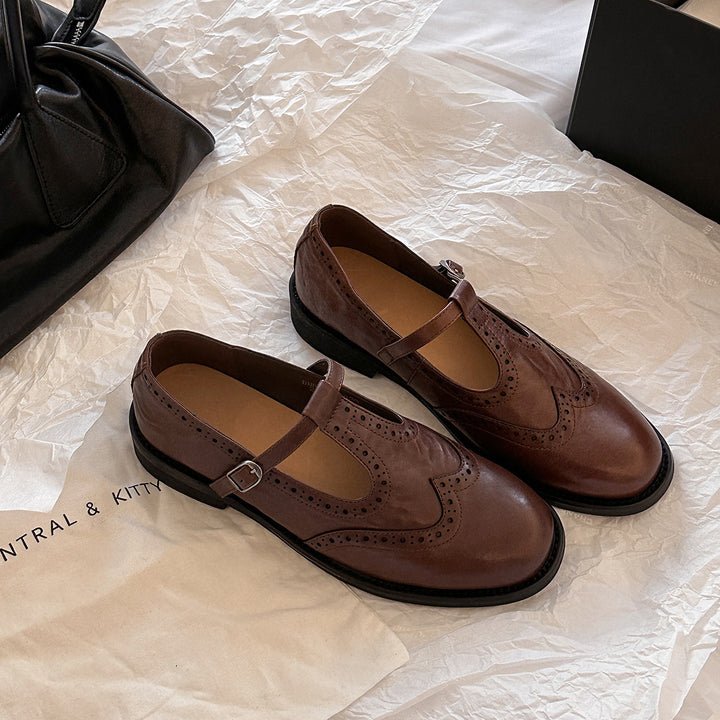 Femme Elegant T-Strop Brogue Flad Stilla
