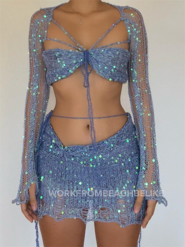 Dame Crop-Top med glitrende pailletter og lange bånd Stilla