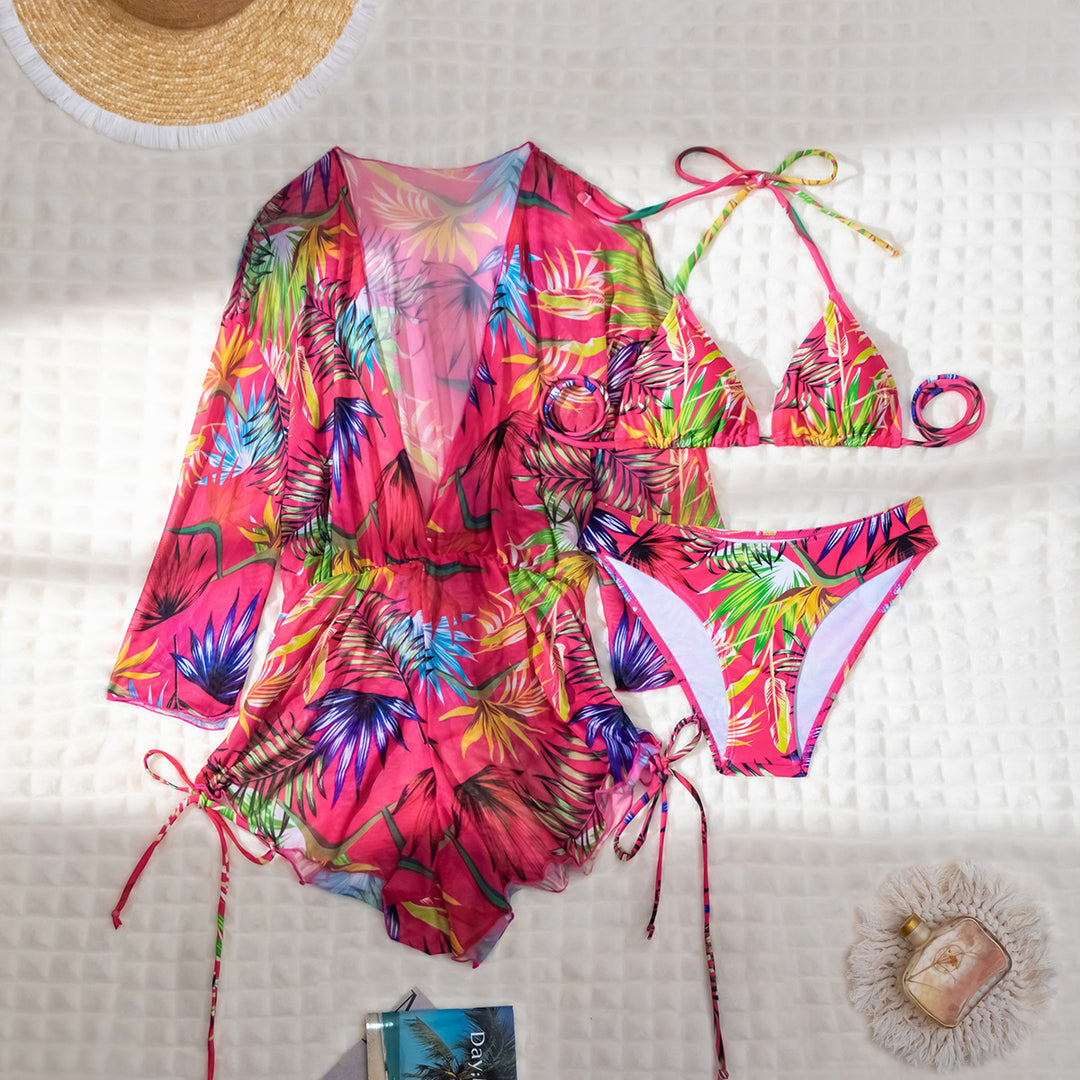 Dame bikini-sæt med floral kimono og høj skæring Stilla