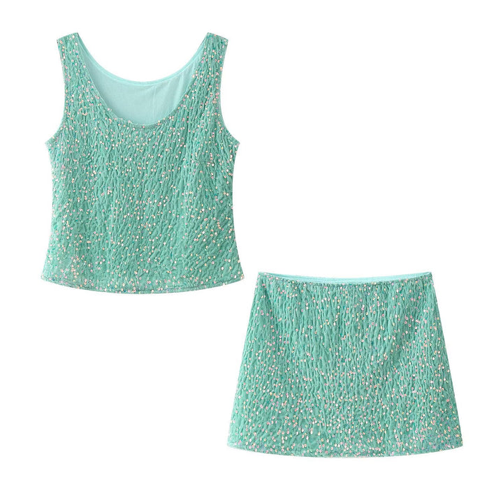 Femme Udsmykket Tekstureret Tanktop og Mini Nederdel Sæt Stilla