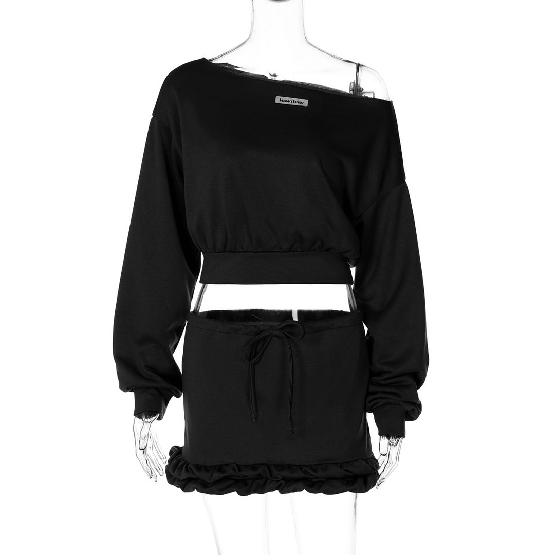 Dame Casual Sweatshirt og Kort Nederdel Sæt med Rynket Kant og Asymmetrisk Design Stilla