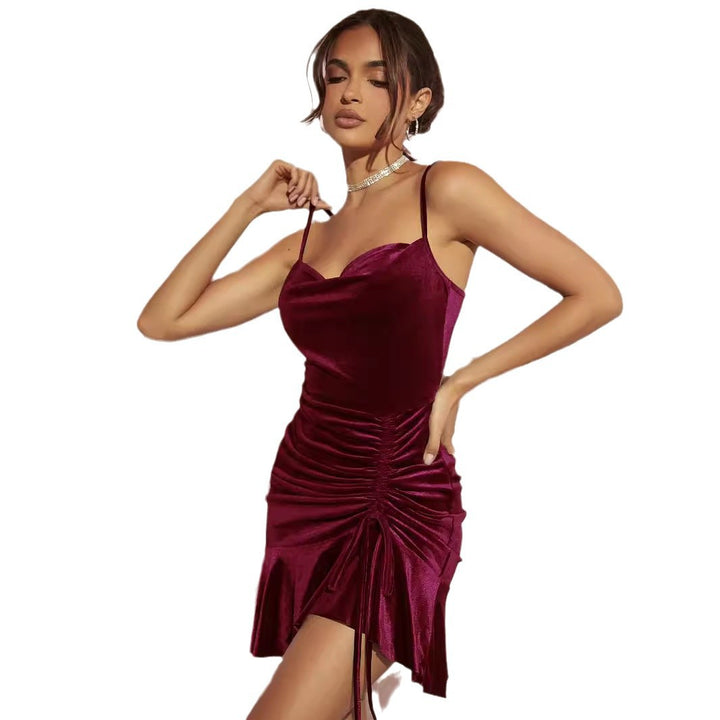 Dame Velour Mini Kjole med justerbar side Raffung Stilla