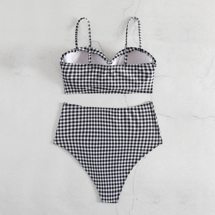 Dame Crop Top Bikini med moderigtigt ternet mønster og høj taljebund Stilla