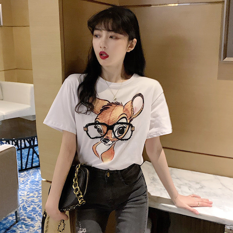 Dame T-shirt med kunstnerisk dyremotiv og afslappet snit Stilla