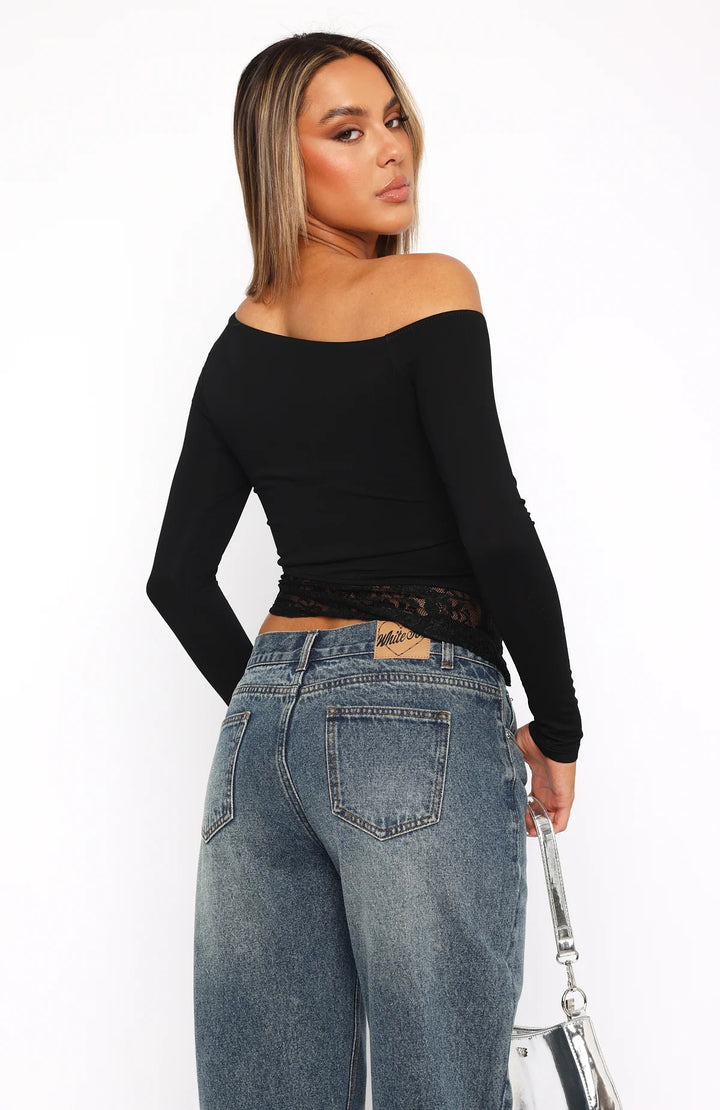 Dame Off-Shoulder Langeærmet T-shirt med Blonder Stilla