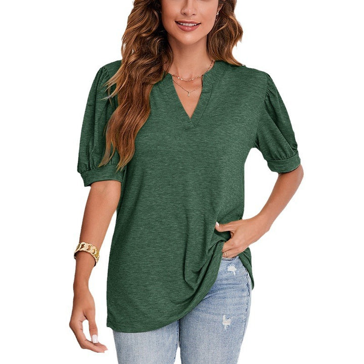 Dame Casual T-shirt med puffærmer og detaljeret designet V-hals Stilla