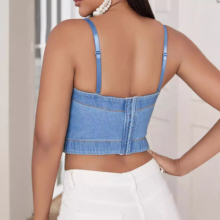 Dame figursyet Denim-Crop-Top med strassbesat Bustier-design Stilla