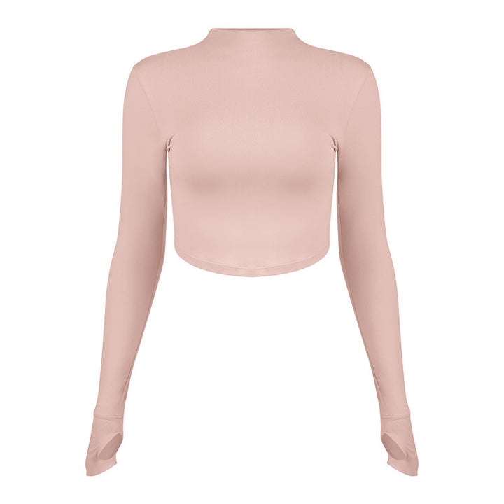 Dame sporty langærmet crop top med høj krave og åndbar struktur Stilla