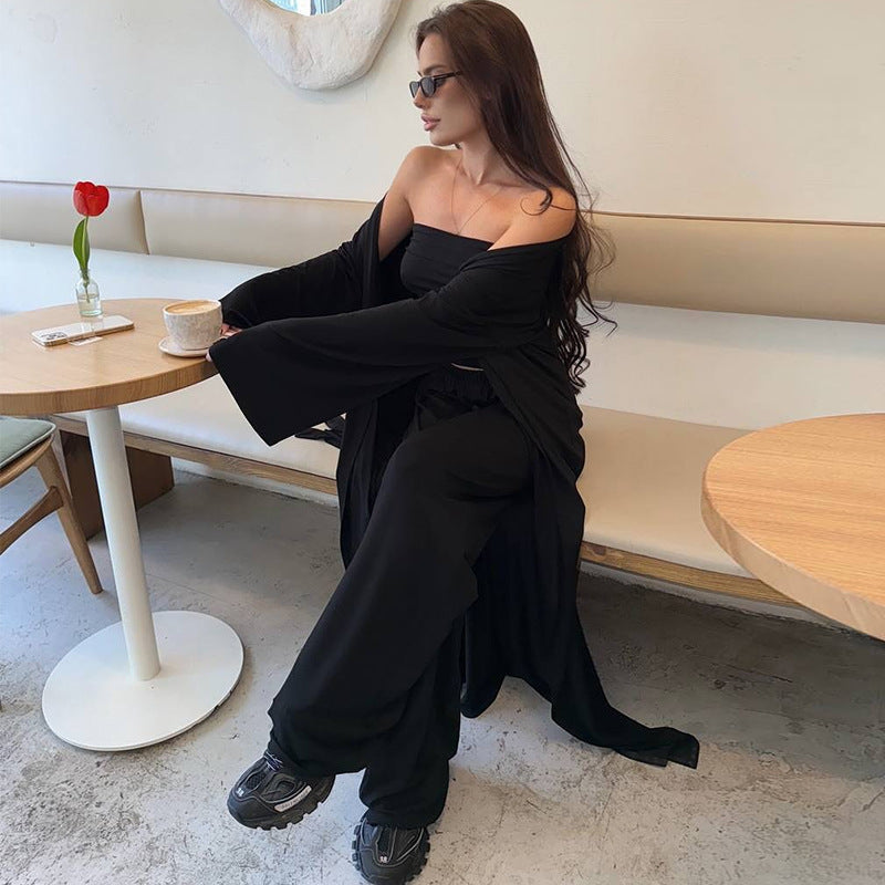 Dame elegant omslagsbluse med maxiskørt og flydende ærmer Stilla