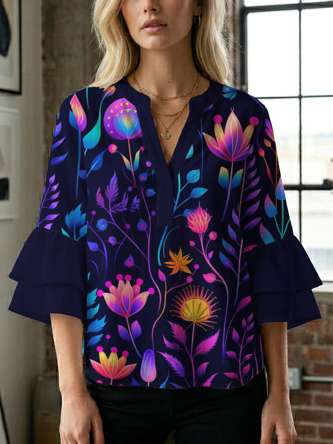 Dame bluse skjorte med voluminøse ærmer og blomstermønster Skovae