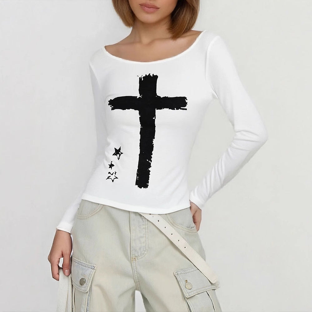 Damer Langærmet T-shirt med kreativt motiv og rund halsudskæring Skovae
