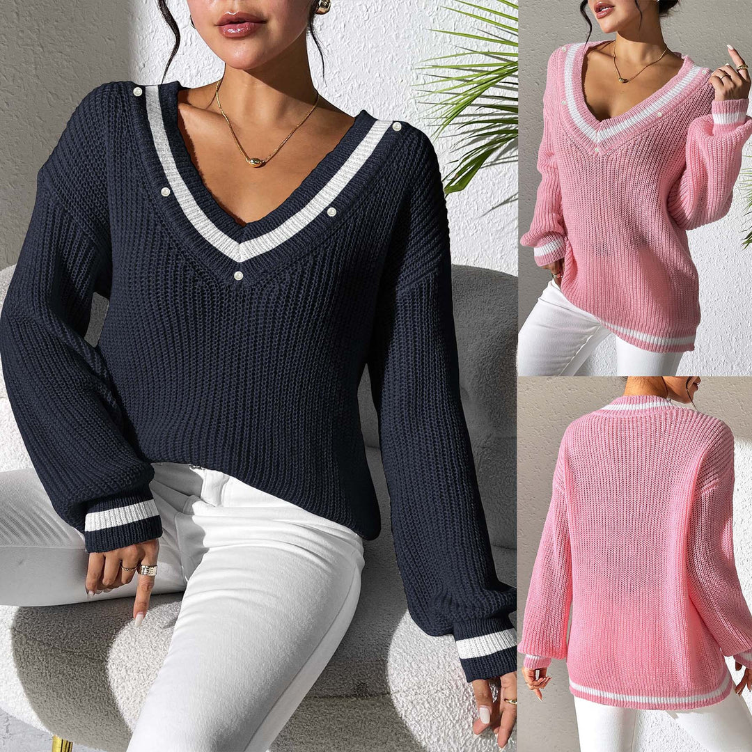 Dame oversized strikpullover med V-udskæring og elegante perledetaljer Stilla