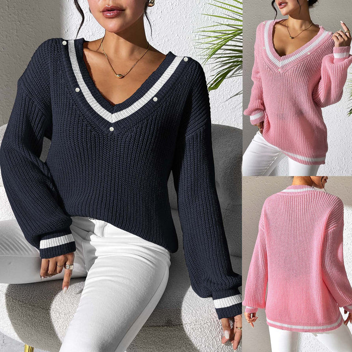 Dame oversized strikpullover med V-udskæring og elegante perledetaljer Stilla