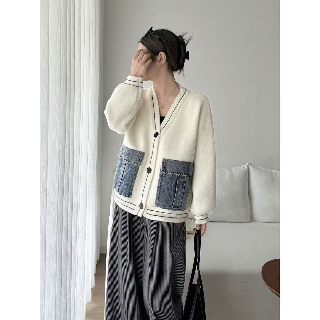 Dame mode cardigan med denim detaljer Stilla