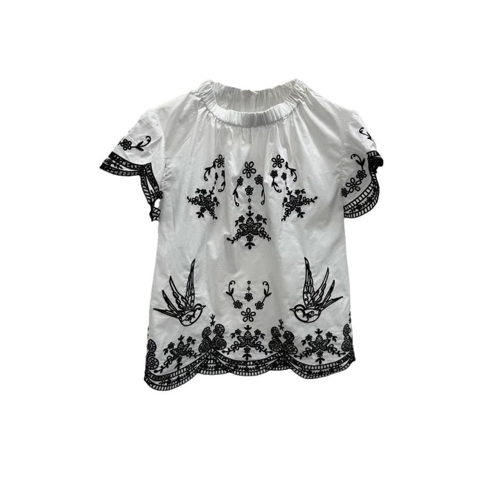 Dame elegant bluse med kunstneriske broderier og flæseærmer Stilla