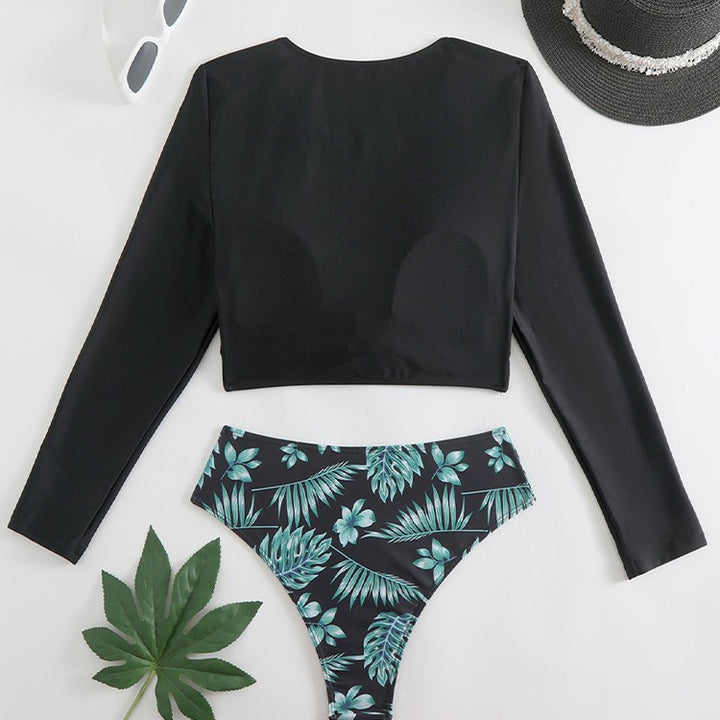 Dame bikini-sæt med langærmet crop-top og floral high-waist slip Stilla