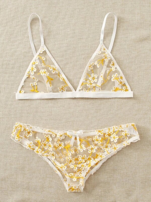 Dame Floral Spidse Bralette og Cheeky Panty Sæt Stilla