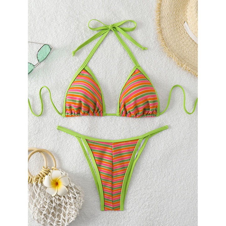Dame Triangel-Bikini med trendy stribemønster og justerbare snorebånd Skovae