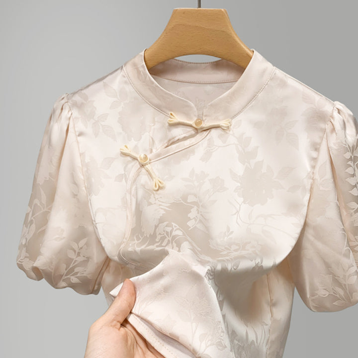 Dame Elegant Blusenshirt med blomsterapplikationer og puffærmer Stilla