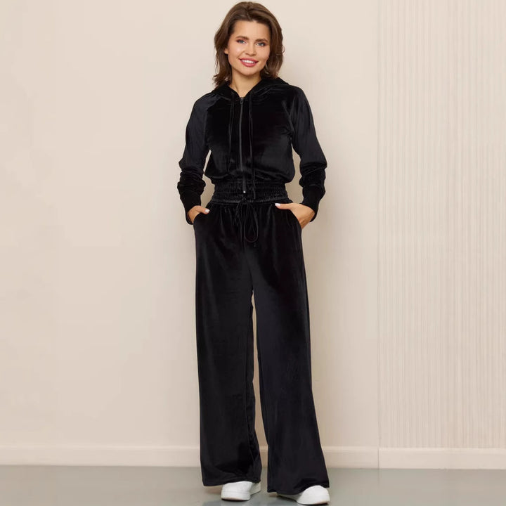 Dames fashionable fløjl loungewear sæt med cropped jakke og brede bukser Skovae