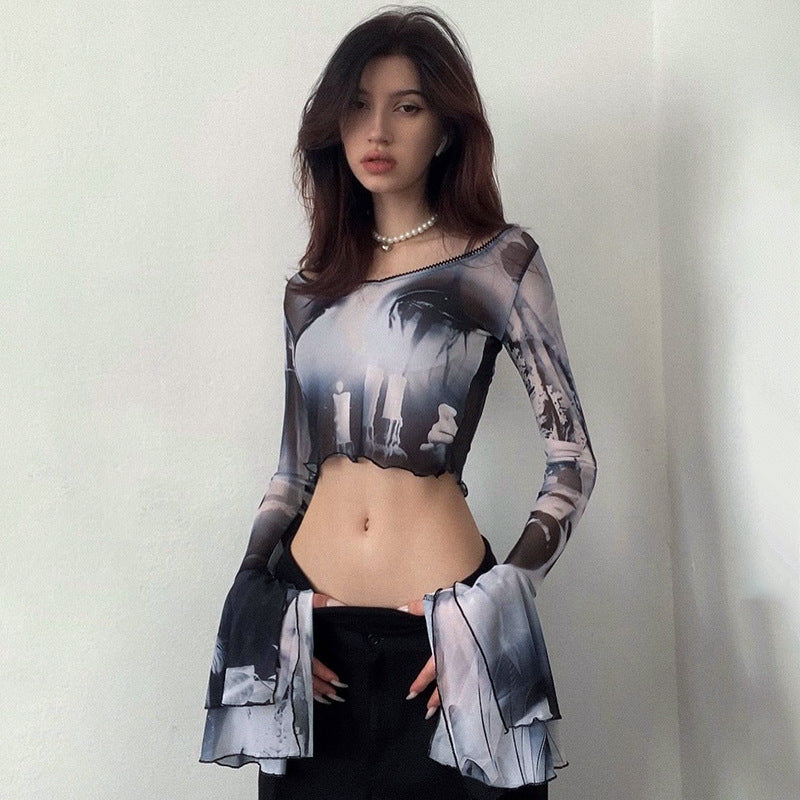 Dame Kunstnerisk Langærmet Crop-Top med klokkeærmer Stilla