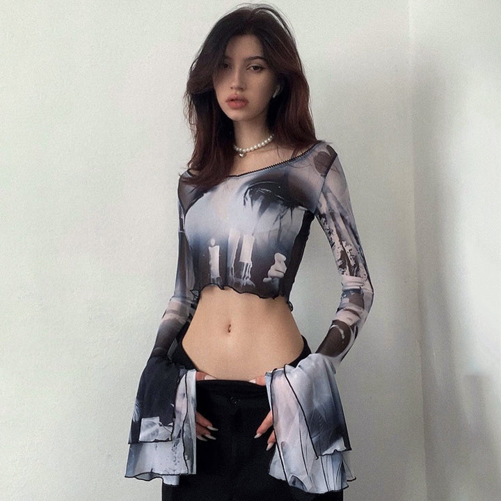 Dame Kunstnerisk Langærmet Crop-Top med klokkeærmer Stilla