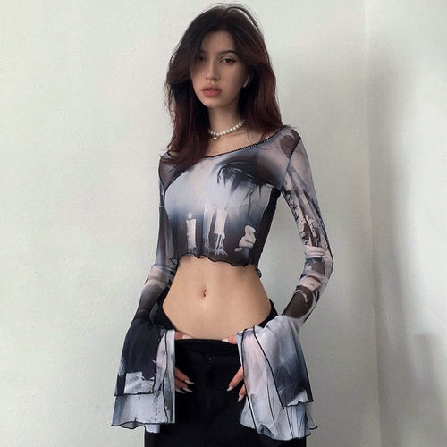 Dame Kunstnerisk Langærmet Crop-Top med klokkeærmer Stilla