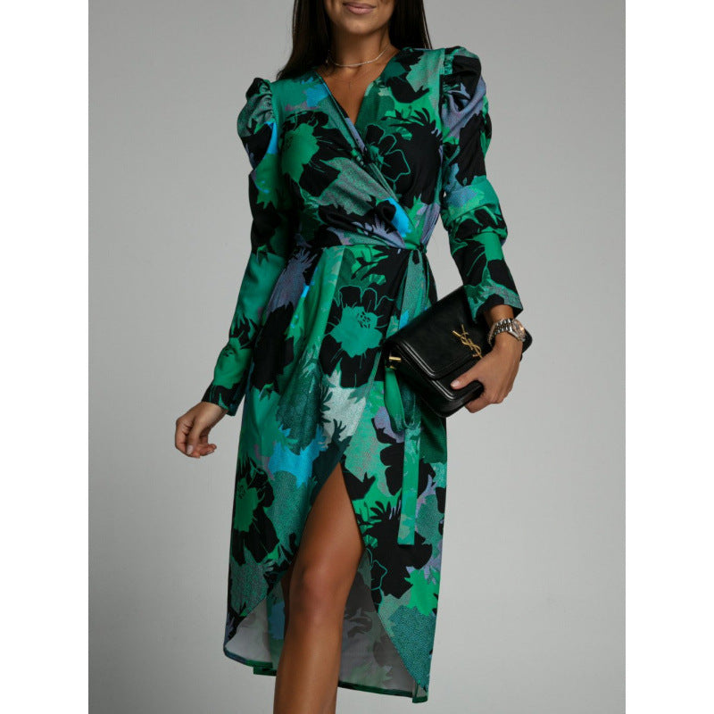 Dame Elegant Blomstret Print Wrap Kjole med Sidelængde Stilla