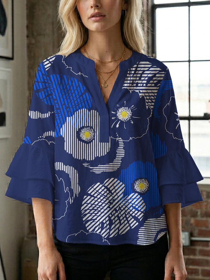 Dame elegant bluser med voluminøse rucheærmer og grafisk blomsterdesign Skovae