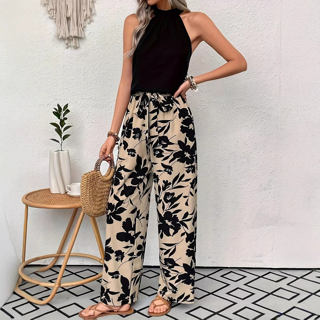 Dame bred blomsterbukser med elastisk talje og sidelommer Stilla