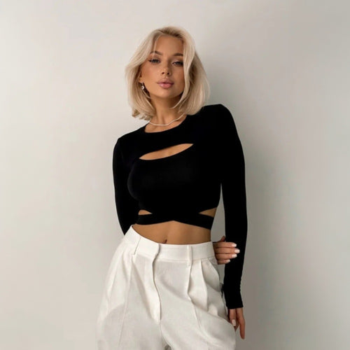 Dame Crop-Top med asymmetrisk cut-out-design og lange ærmer Stilla