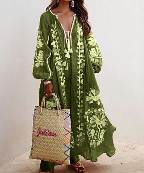 Dame Lang Kaftan med blomster broderi og luftige ærmer Stilla