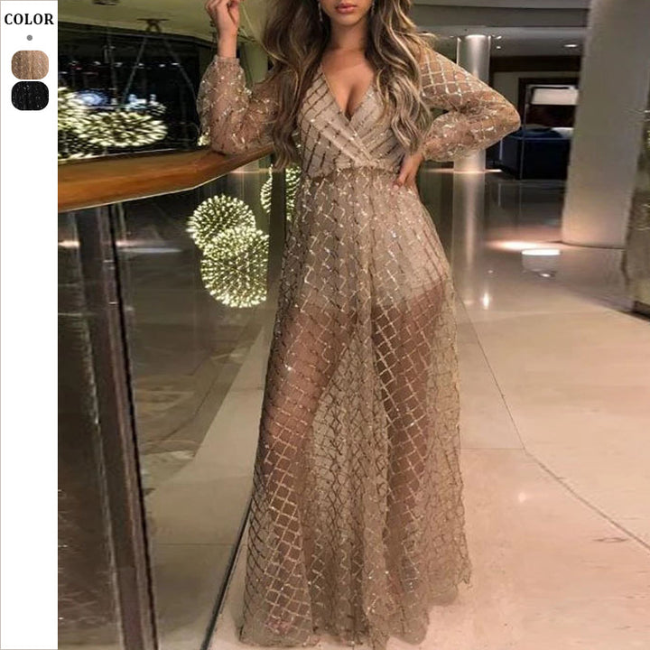 Dame Elegant Gennemsigtigt Aftenkjole med Glitterakkenter og dyb V-udskæring Stilla