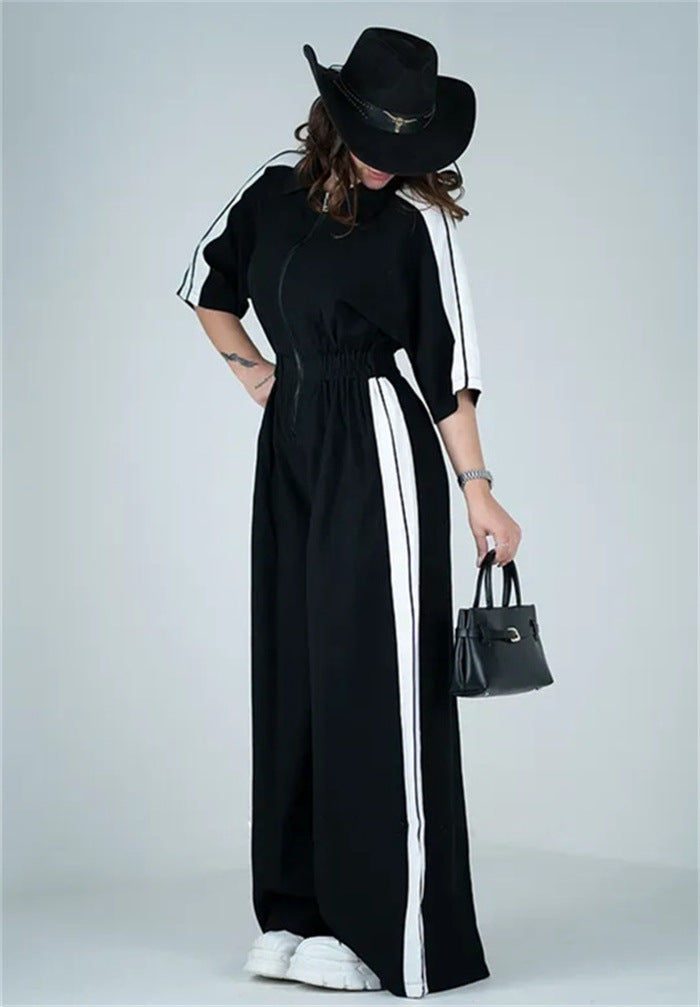 Kvinders lang jumpsuit med talje og kontraststriber