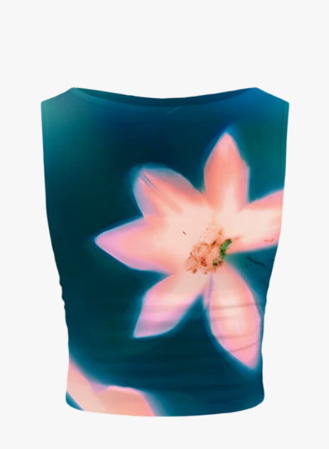 Dame ærmeløs crop-top med blomsterprint og tætsiddende snit Skovae