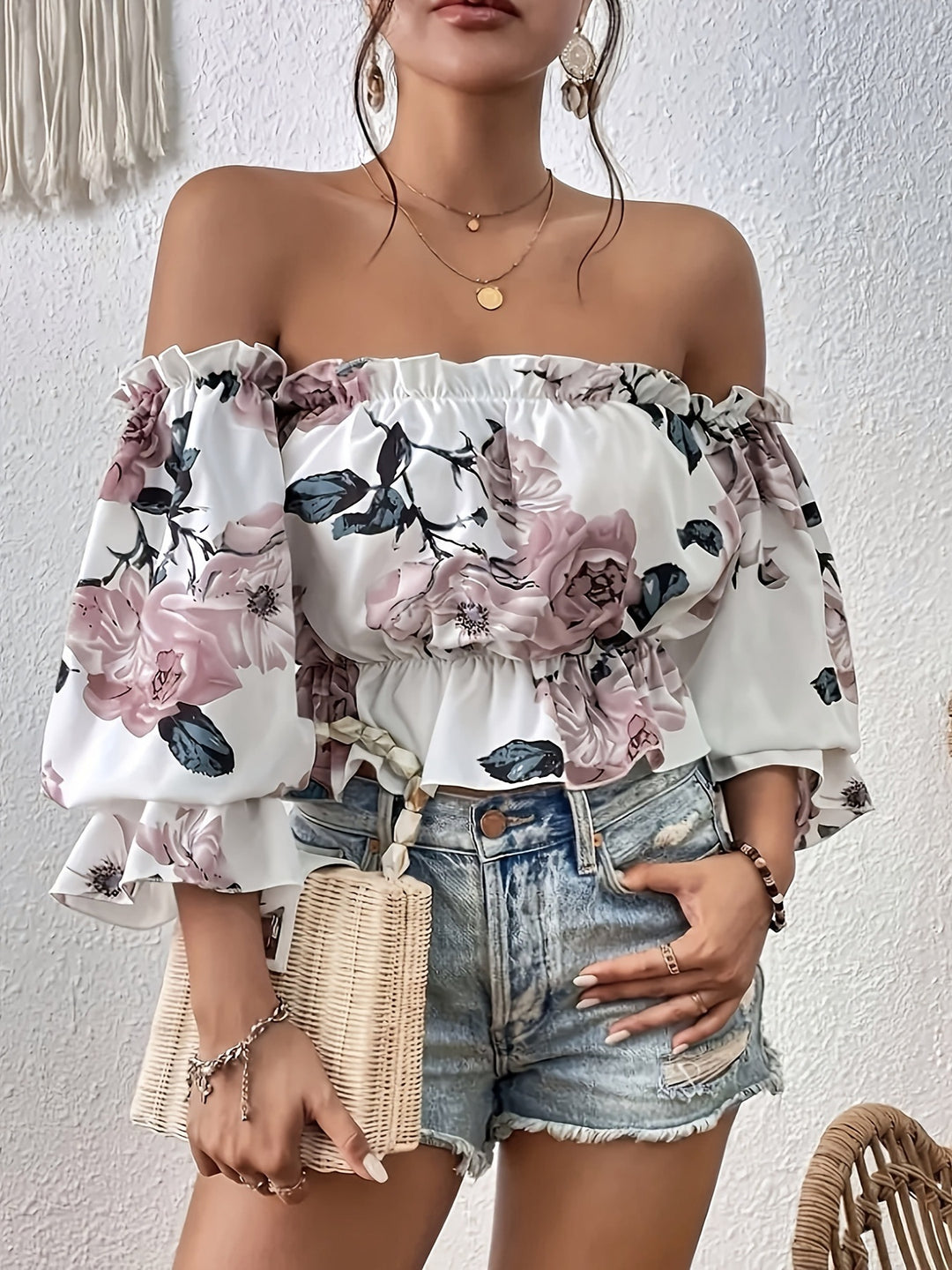 Dame Minimal Off-Shoulder Bluse med Rüschensaum og blomster mønster Stilla