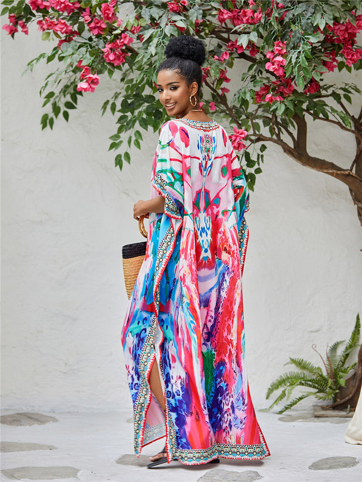 Dame Strandkaftan med kunstnerisk mønster og elegante dekorationer Stilla